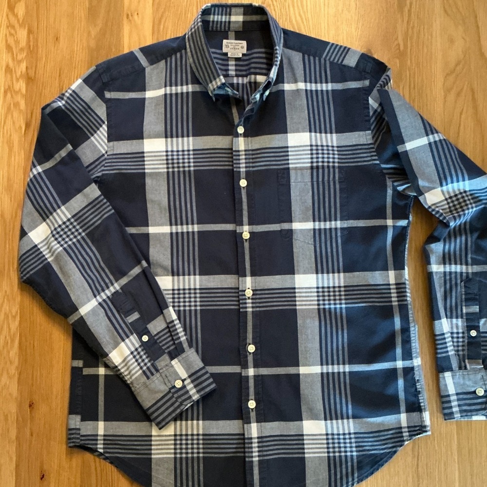 Tailored By J Crew Summer Plaid Shirt Mens M Navy Blue Button Down Cotton